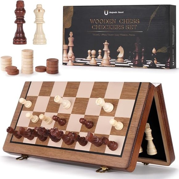 Wooden Chess / Checkers Set 15 inch - Picture 2 of 4
